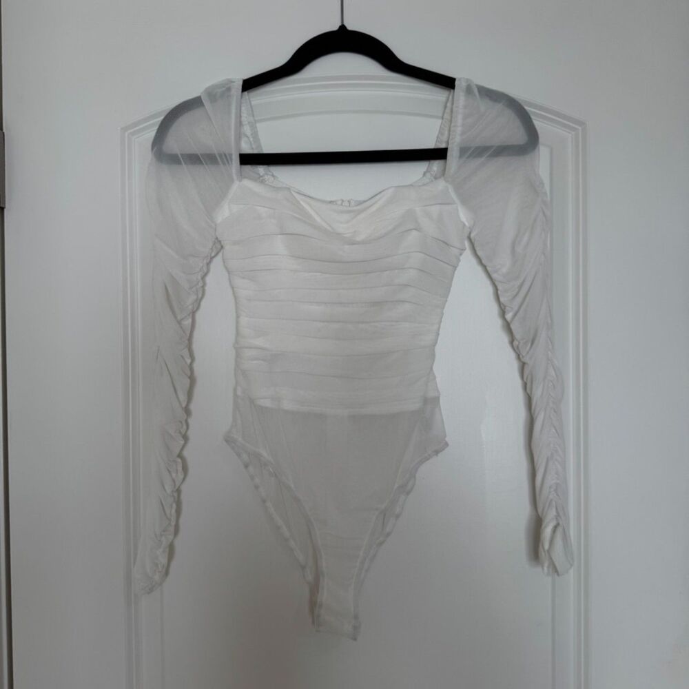 Princess Polly Mesh Ruched Long Sleeve Bodysuit White US 4
